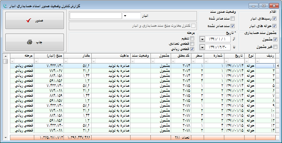 نرم افزار انبار | حسابداری انبار - گزارش کنترل وضعیت صدور اسناد حسابداری